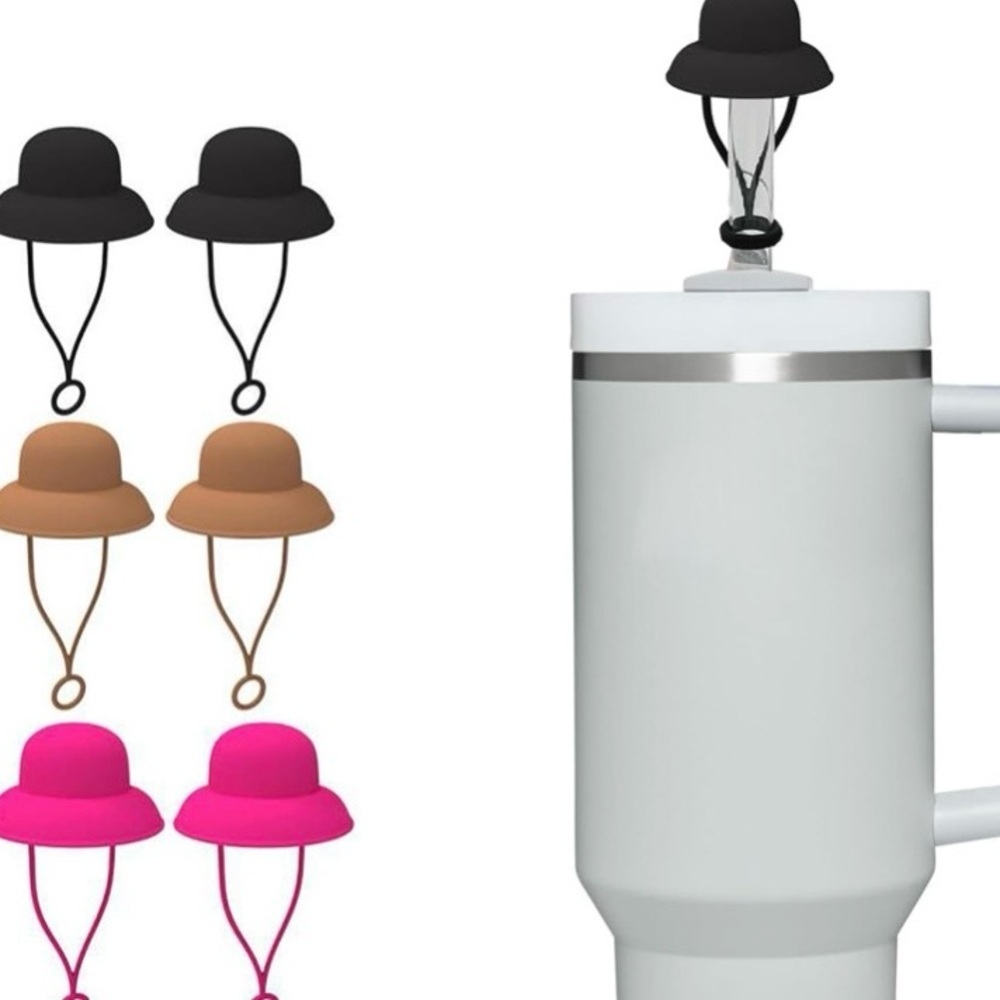 Pink, tan and Black Silicone top hat straw toppers 3 pack